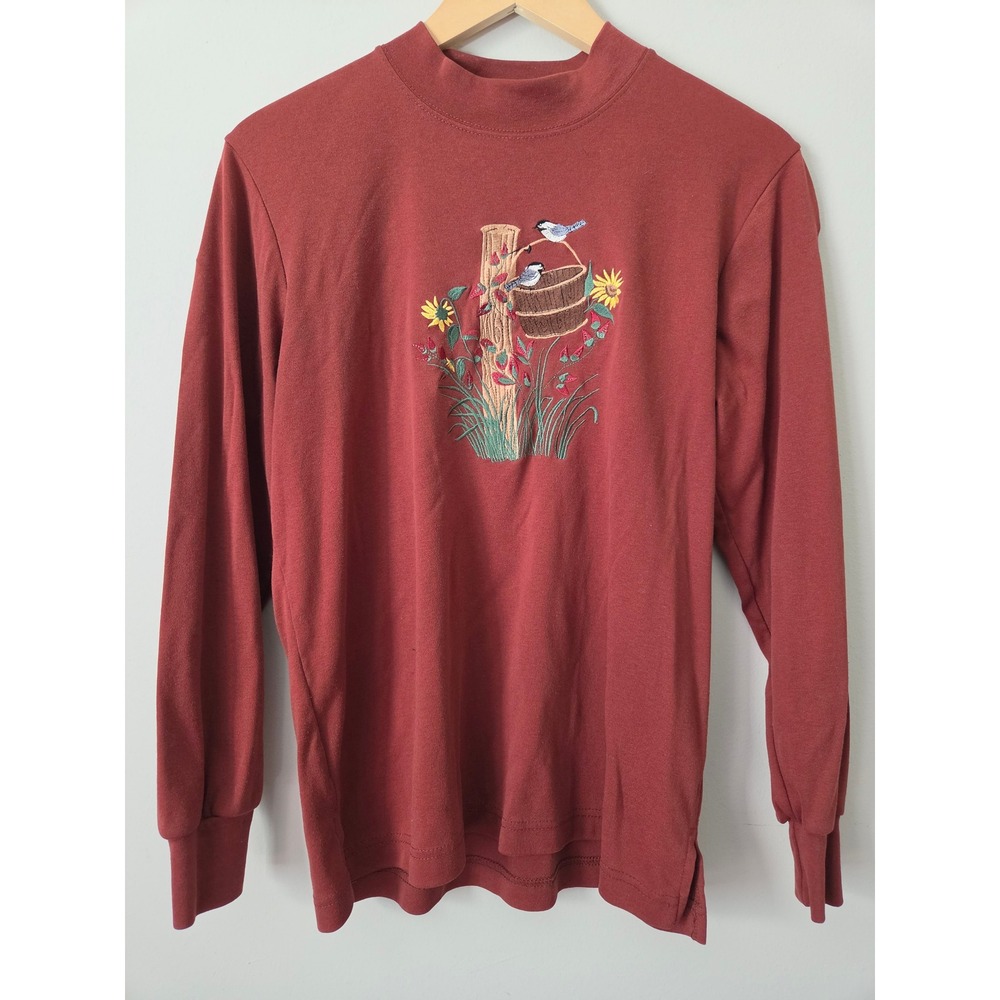 BonWorth Women XS Rust Red Embroidered Bird Sunflower Mock Neck Long Sleeve Top